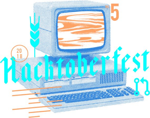 Hacktoberfest logo. Old computer with Bavarian style text